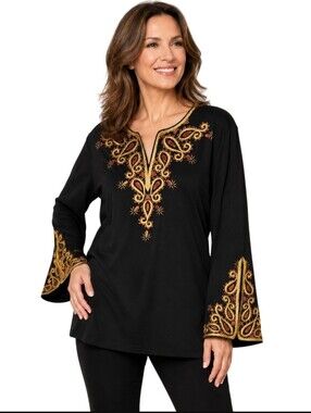 Bob Mackie Vintage Art To Wear Black Embroidered V Neck Tunic Top Size XL